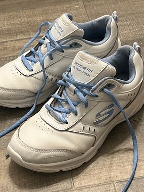 Skechers White and Light Blue Lace-Up Sneakers